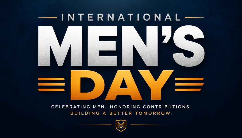International Men's Day poster with text celebrating men and their contributions in bold white and orange letters on dark background
