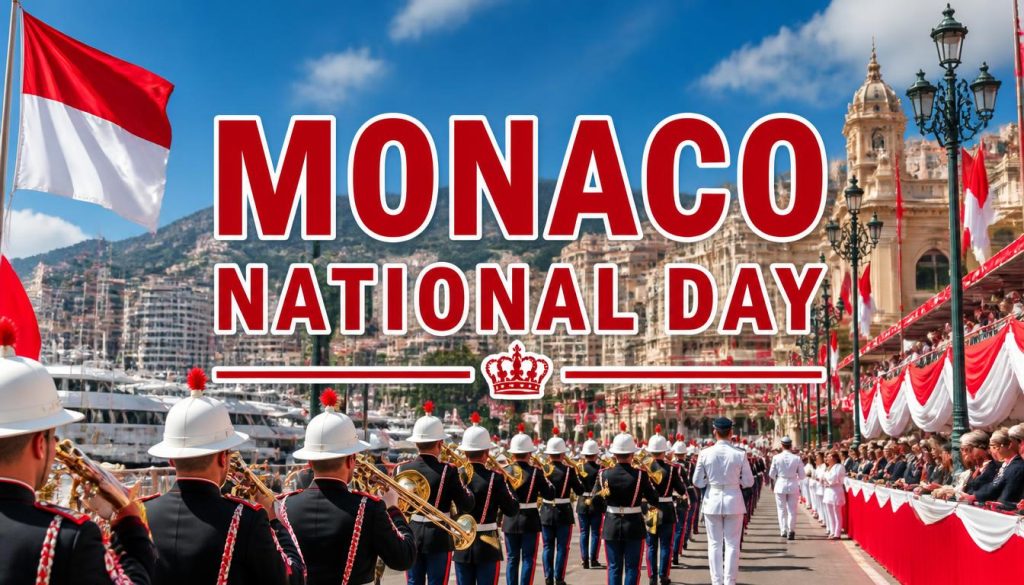 Military band in white uniforms marching during Monaco National Day parade with flags and spectators