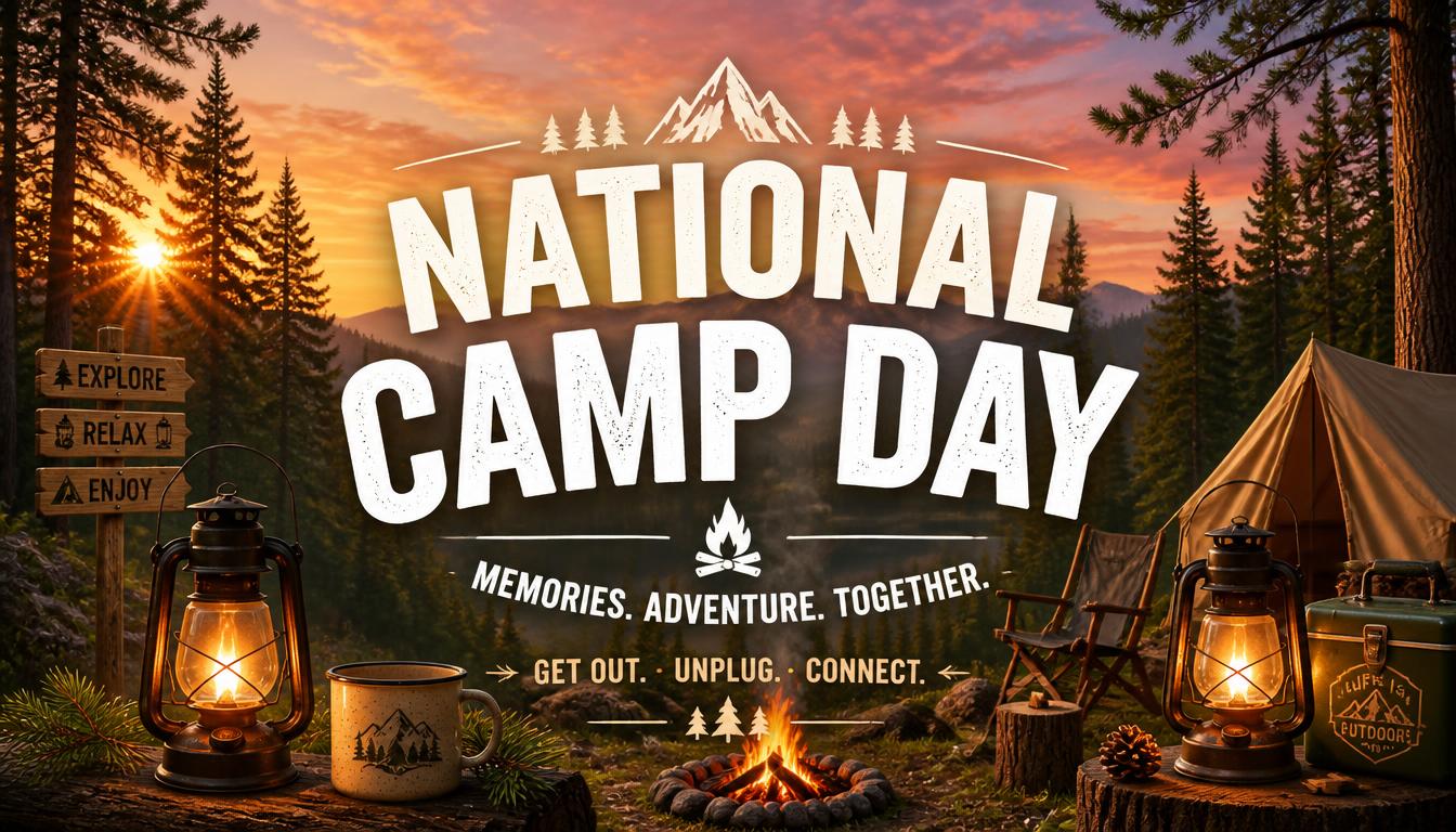 National Camp Day graphic showing a scenic campsite with lanterns, tents, and a campfire under a mountain sunset