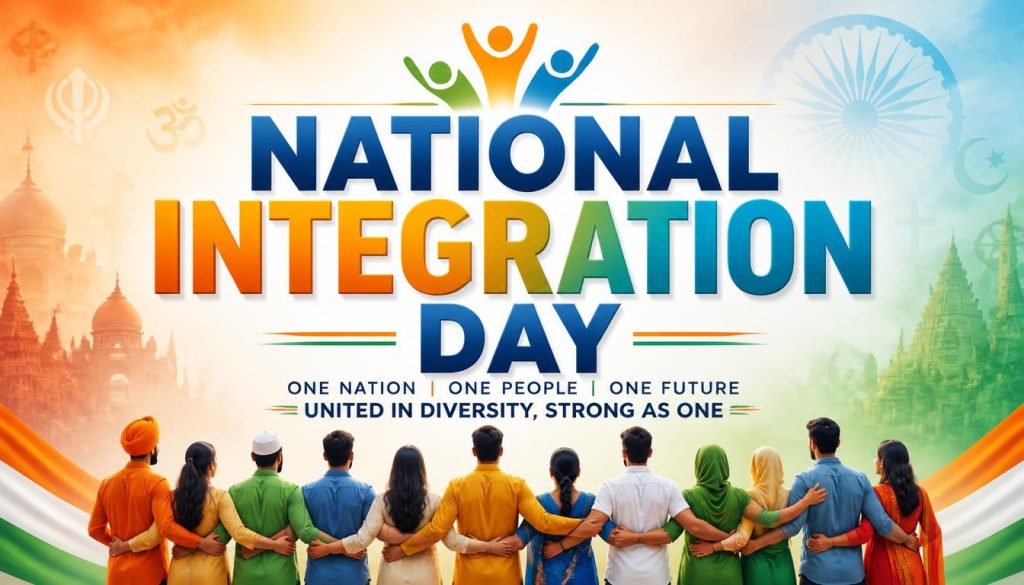 People of diverse backgrounds standing together with arms linked, celebrating unity and integration under a National Integration Day banner