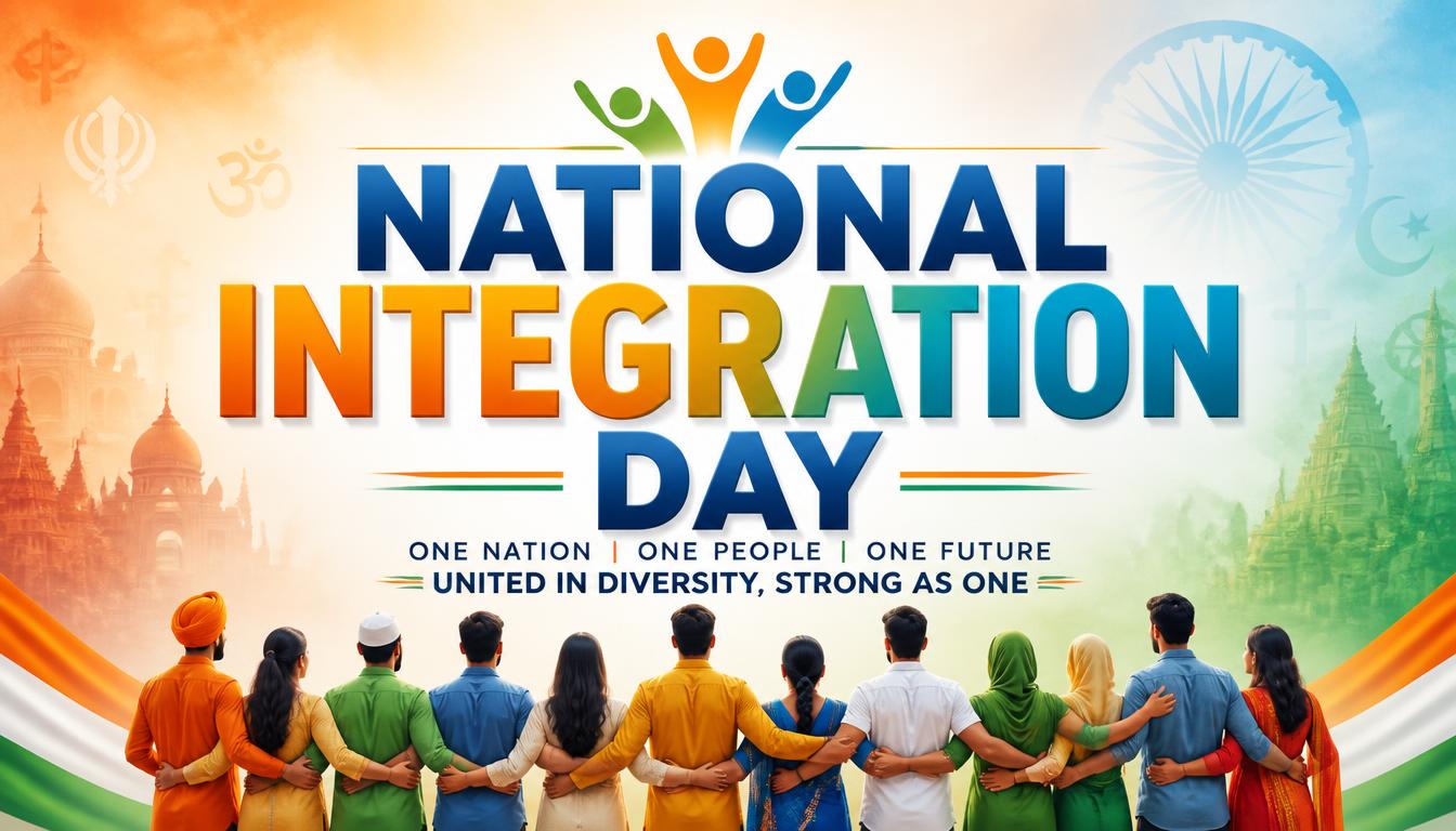 People of diverse backgrounds standing together with arms linked, celebrating unity and integration under a National Integration Day banner