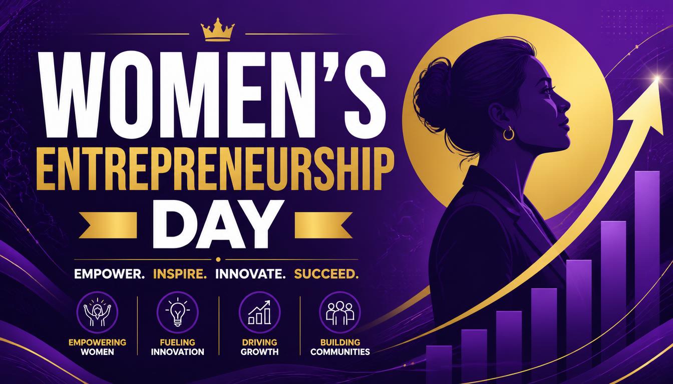 Silhouette of a woman with a crown, celebrating Women's Entrepreneurship Day against a purple background with upward growth chart.