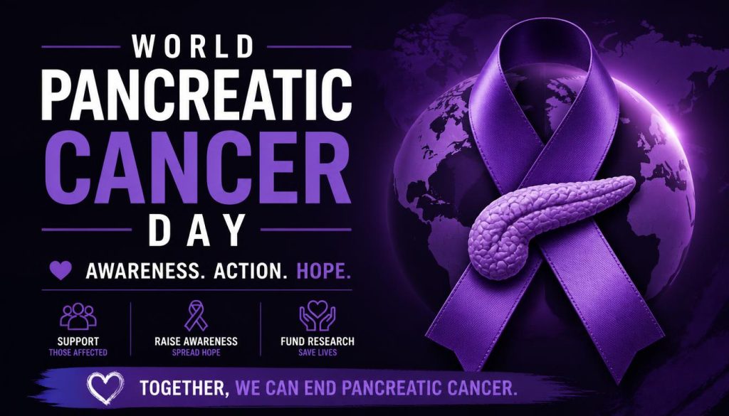 Purple ribbon around a pancreas graphic on a dark globe background with World Pancreatic Cancer Day text and icons for support, awareness, and research funding.