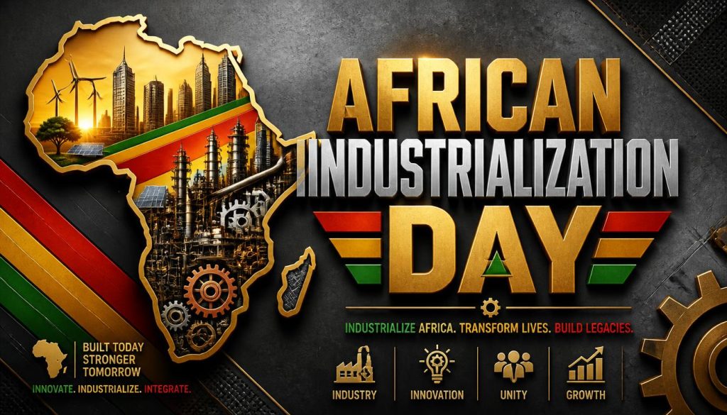 African continent graphic with gears, factories, and icons promoting African Industrialization Day, featuring colors of the African flag