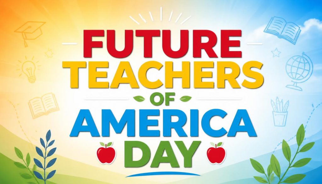Colorful graphic celebrating Future Teachers of America Day with icons of books, apples, graduation cap, and globe.
