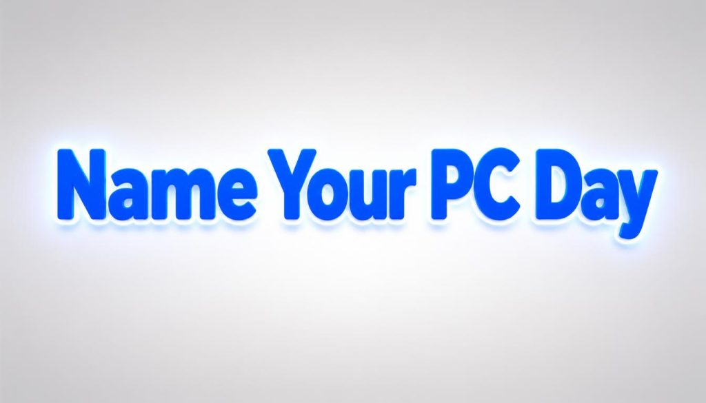 Bright blue neon sign reading Name Your PC Day on a light background
