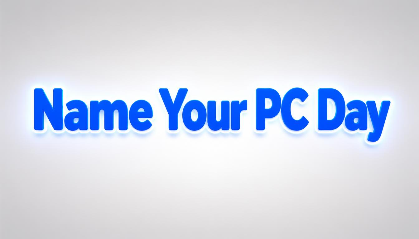 Bright blue neon sign reading Name Your PC Day on a light background