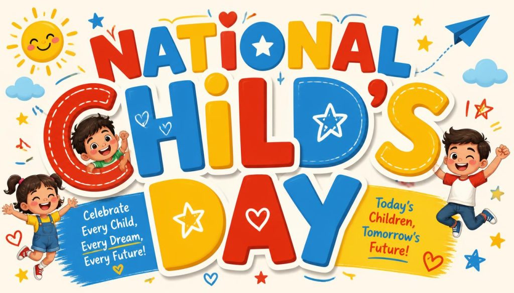 Colorful illustration celebrating National Child's Day with happy children and bright text