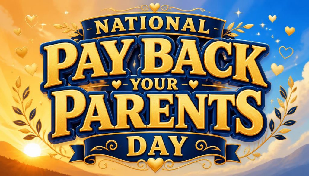 Colorful graphic celebrating National Pay Back Your Parents Day with golden text on a blue and orange background
