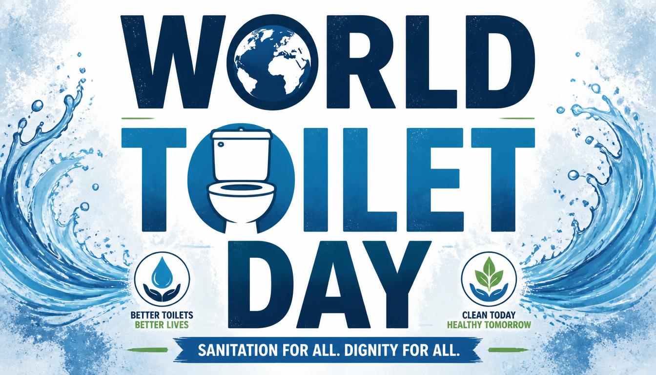 World Toilet Day poster featuring a toilet graphic, water waves, and slogans promoting sanitation and dignity for all
