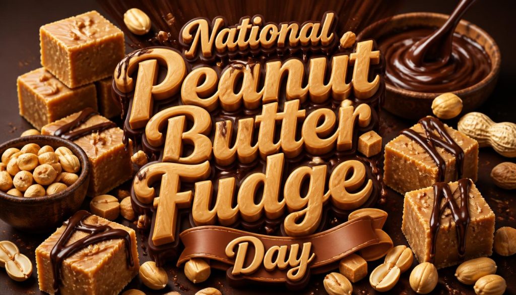Colorful image of peanut butter fudge pieces, chocolate drizzle, peanuts, and caramel squares celebrating National Peanut Butter Fudge Day