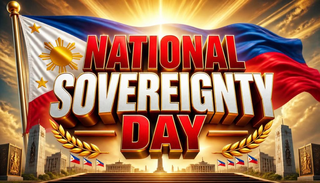 Philippine flag with text reading National Sovereignty Day and cityscape background