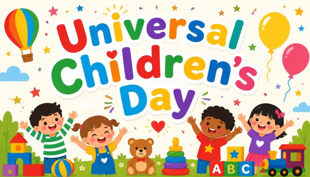 Four happy children celebrating with balloons, toys, and a teddy bear under a Universal Childrens Day banner