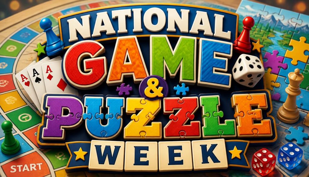 Colorful game pieces and puzzle elements with text reading National Game and Puzzle Week