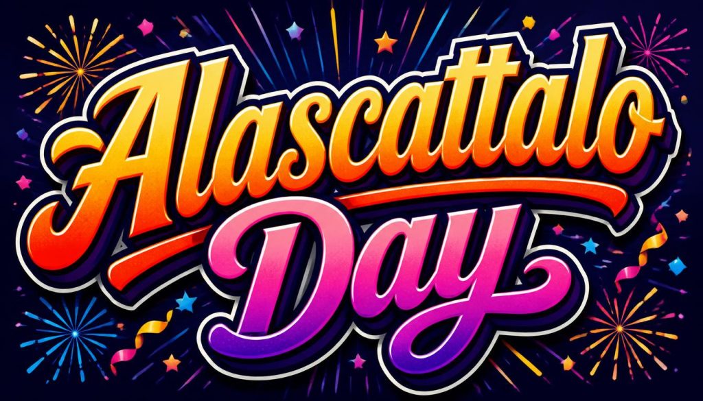 Colorful graphic celebrating Alascattalo Day with fireworks and bold text