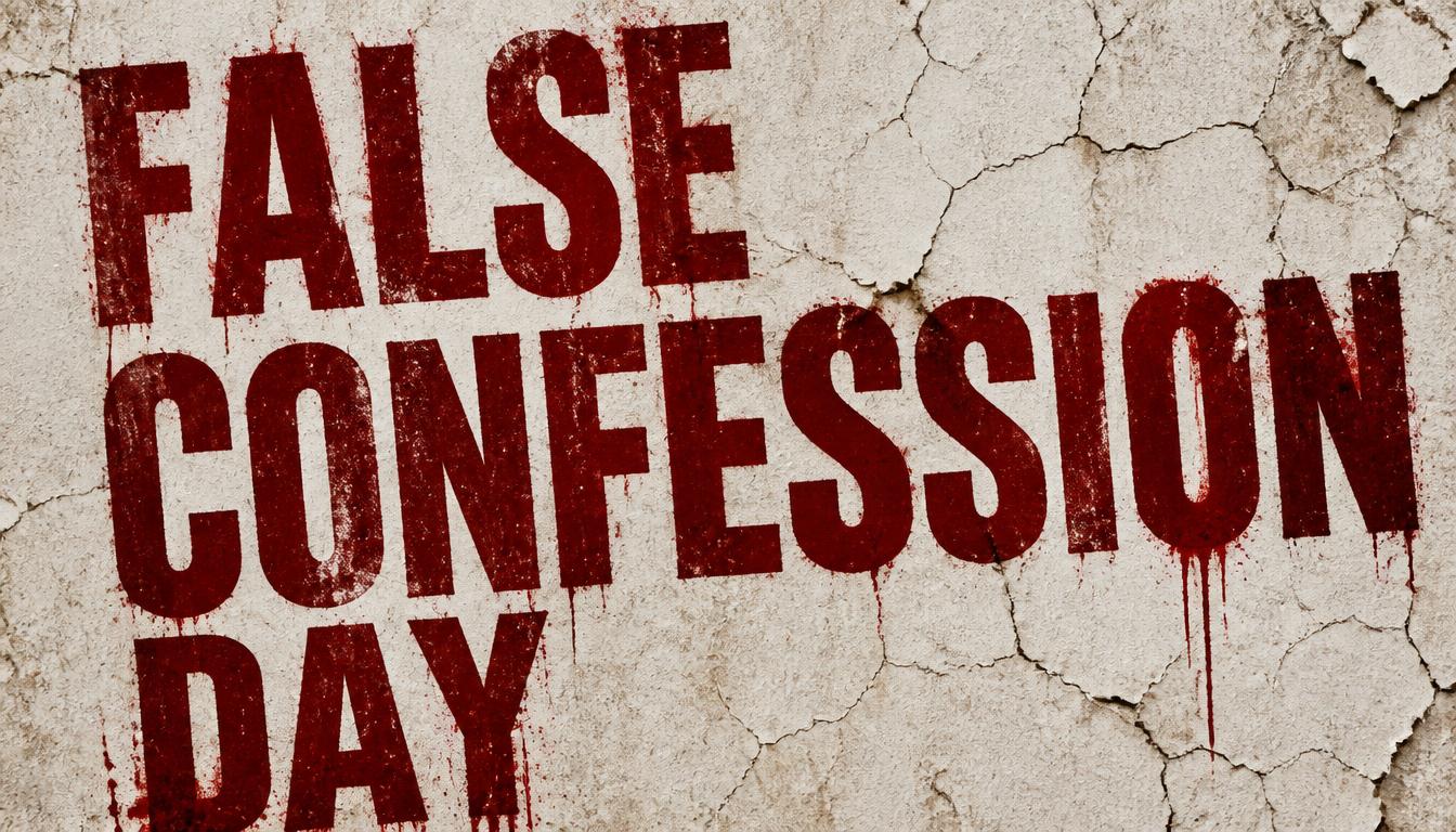 Red distressed text on a cracked wall reading False Confession Day with blood-like drips