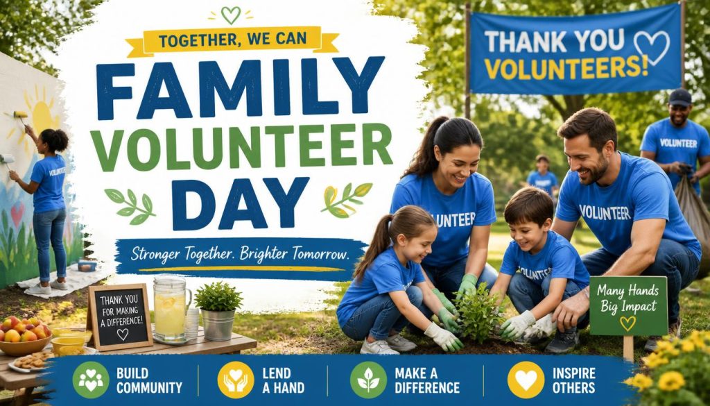 Happy family and volunteers planting together on Family Volunteer Day with bright blue shirts and gardening gloves