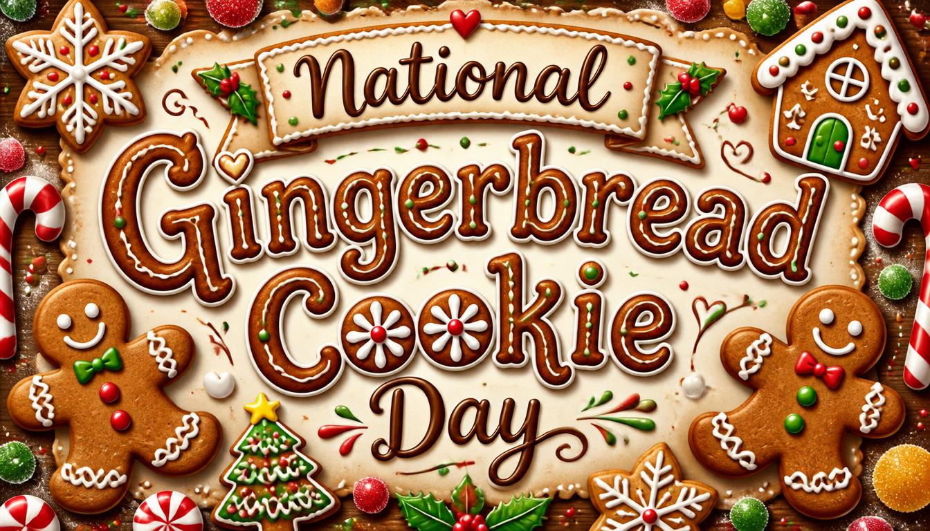 Colorful gingerbread cookies, houses, and holiday decorations arranged around text celebrating National Gingerbread Cookie Day