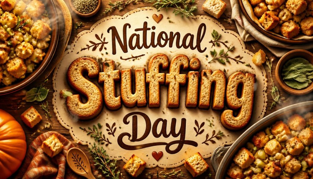 Colorful image showing various dishes of homemade stuffing on a rustic tabletop with autumn decorations.