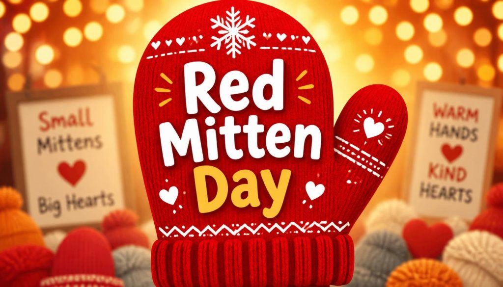 Red mitten graphic celebrating Red Mitten Day with warm hands and kind hearts signs in festive background