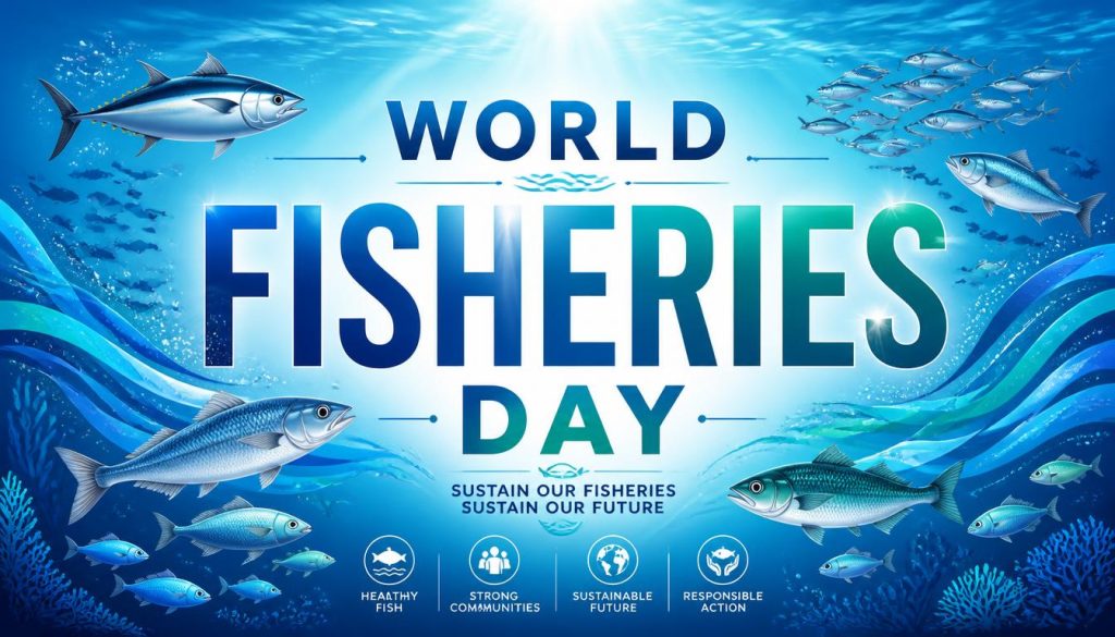 World Fisheries Day poster showing fish and underwater scene with text promoting sustainable fisheries.