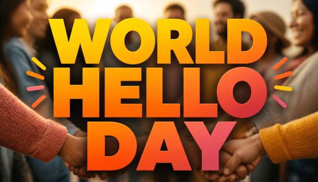 Diverse group of people holding hands in a circle with World Hello Day text overlay