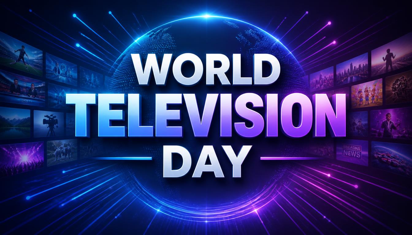 World Television Day graphic with colorful TV screens and glowing globe in background