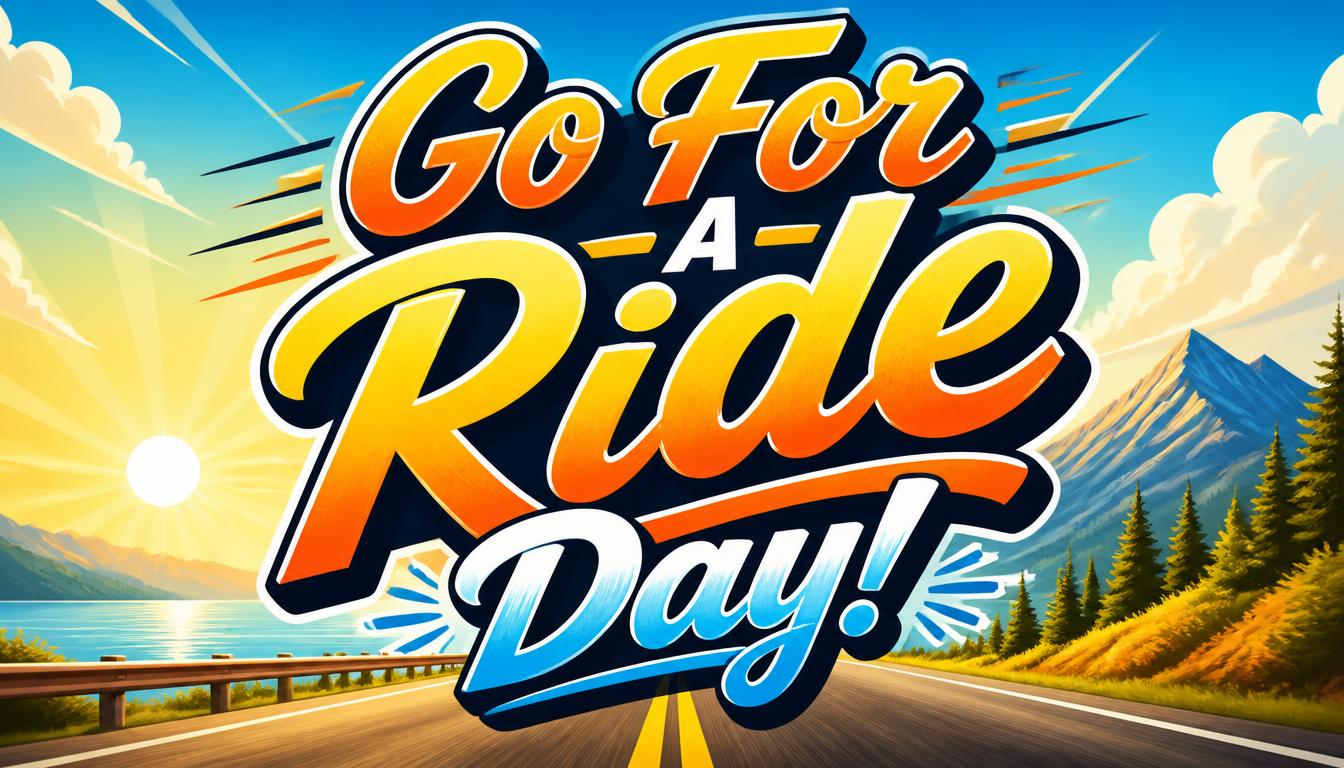 Colorful text saying Go For a Ride Day with a scenic road and mountains in the background