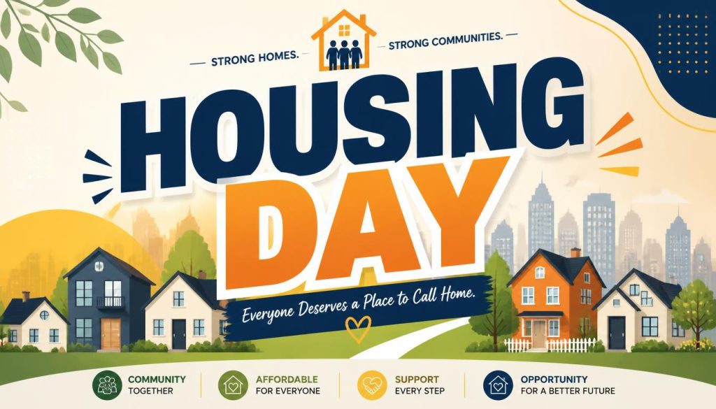 Illustration celebrating Housing Day with houses, families, and the tagline Everyone Deserves a Place to Call Home