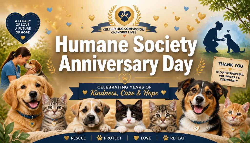 Humane Society Anniversary Day poster featuring happy animals and volunteers with a message of kindness and hope