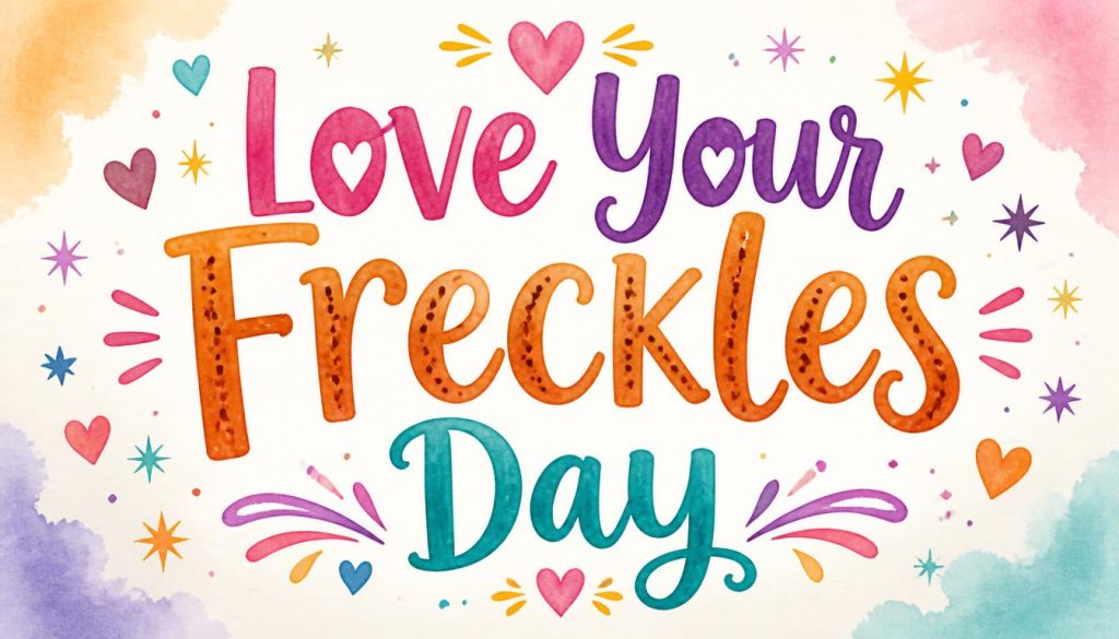 Colorful text saying Love Your Freckles Day with hearts, stars, and watercolor effects