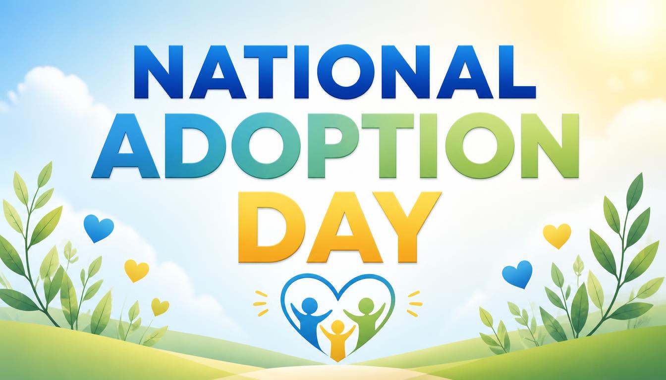 Bright graphic celebrating National Adoption Day with colorful text and heart symbols