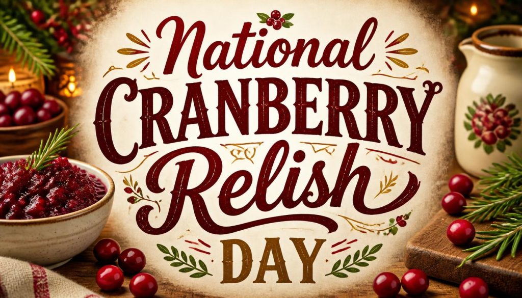 Decorative image showing cranberry relish in a bowl with cranberries and holiday-themed elements.