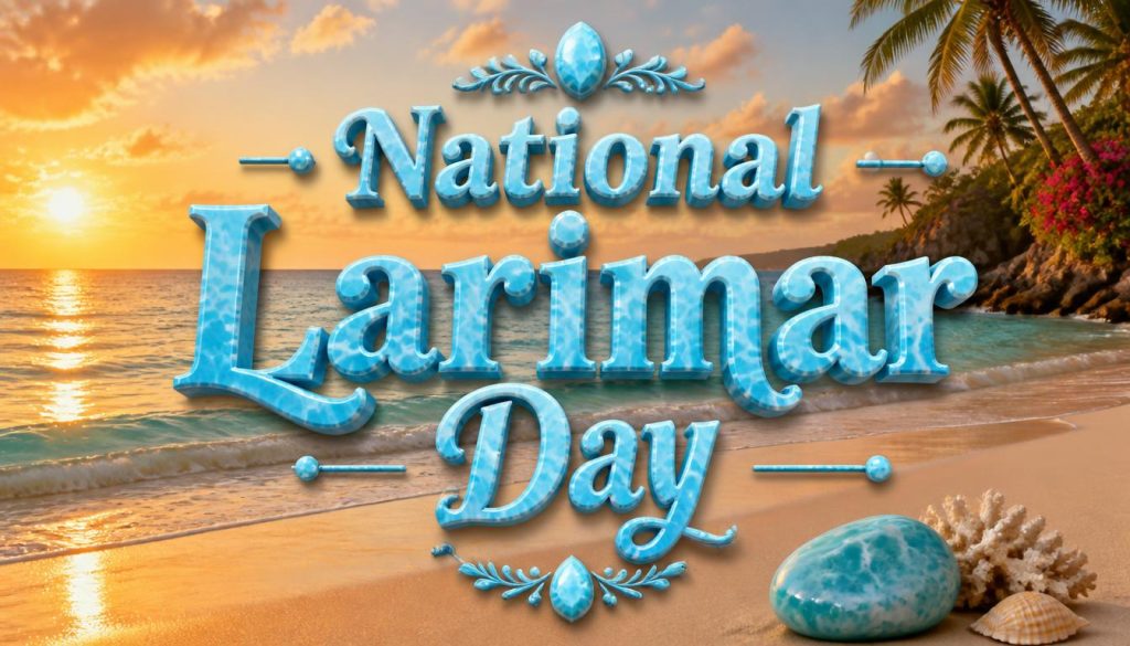 Colorful beach scene graphic celebrating National Larimar Day with turquoise text and decorative elements