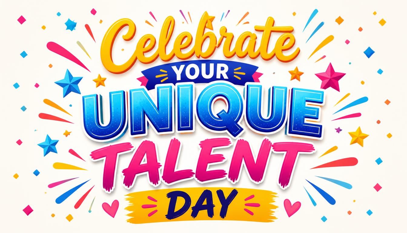 Colorful text celebrating unique talent day with stars, hearts, and confetti