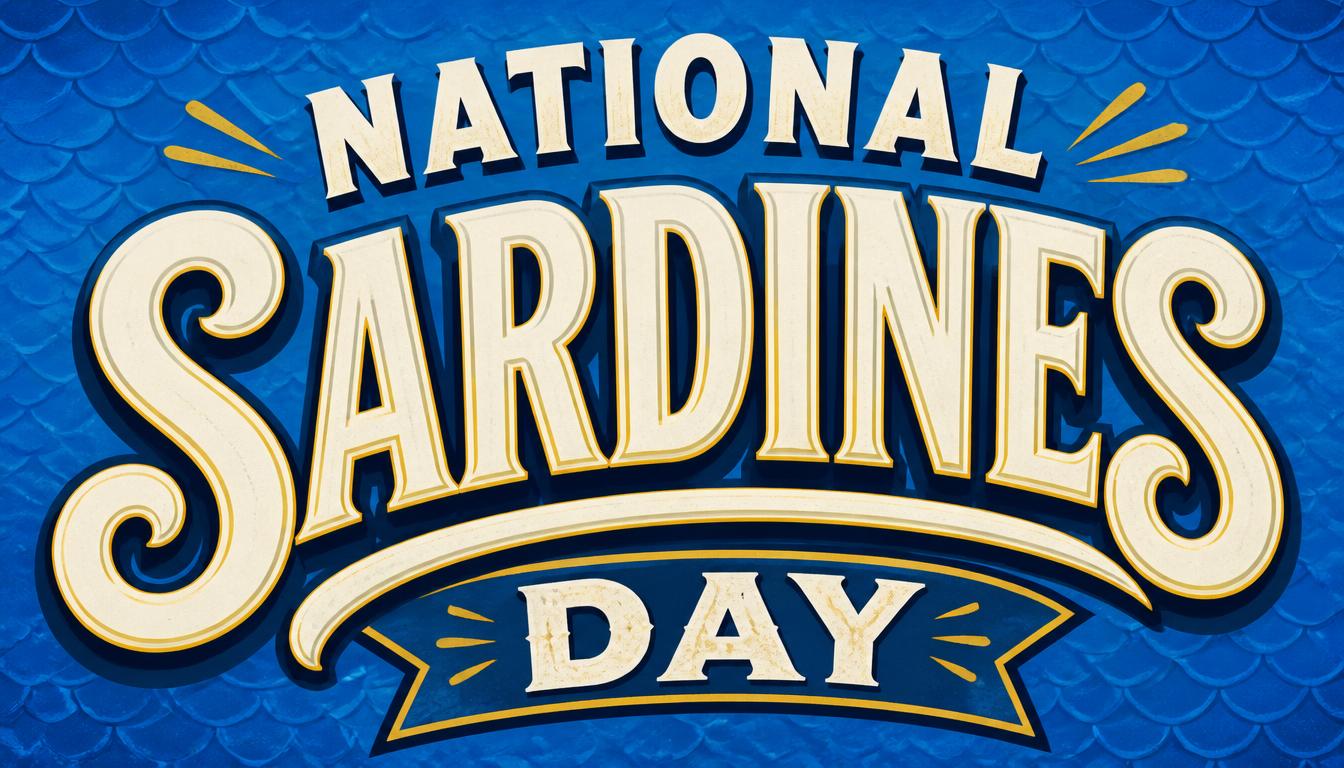 Vibrant graphic displaying National Sardines Day with bold, retro-style text on a blue background