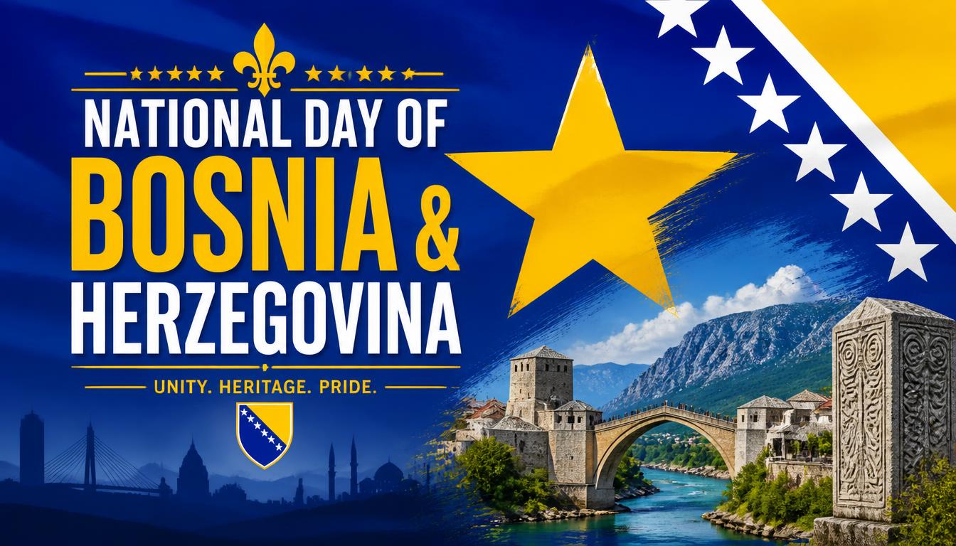 Bosnia and Herzegovina national flag with a star, text reading National Day of Bosnia and Herzegovina, and scenic imagery of a bridge and mountains