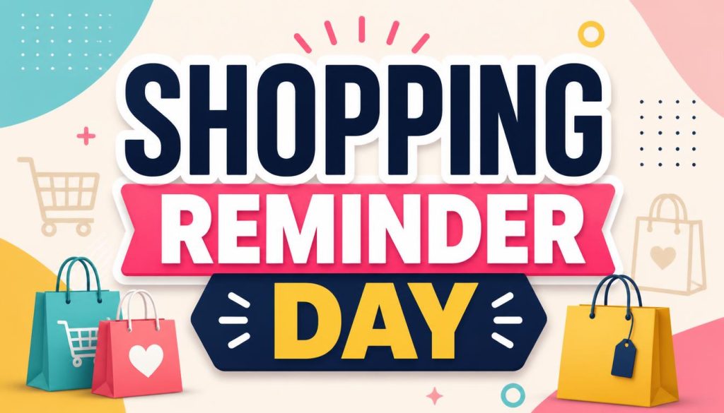 Colorful shopping reminder day banner featuring shopping bags and a cart icon