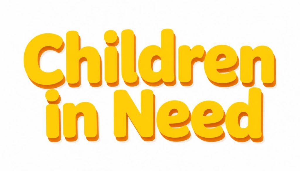 Bright yellow text reading Children in Need with a playful, rounded font style
